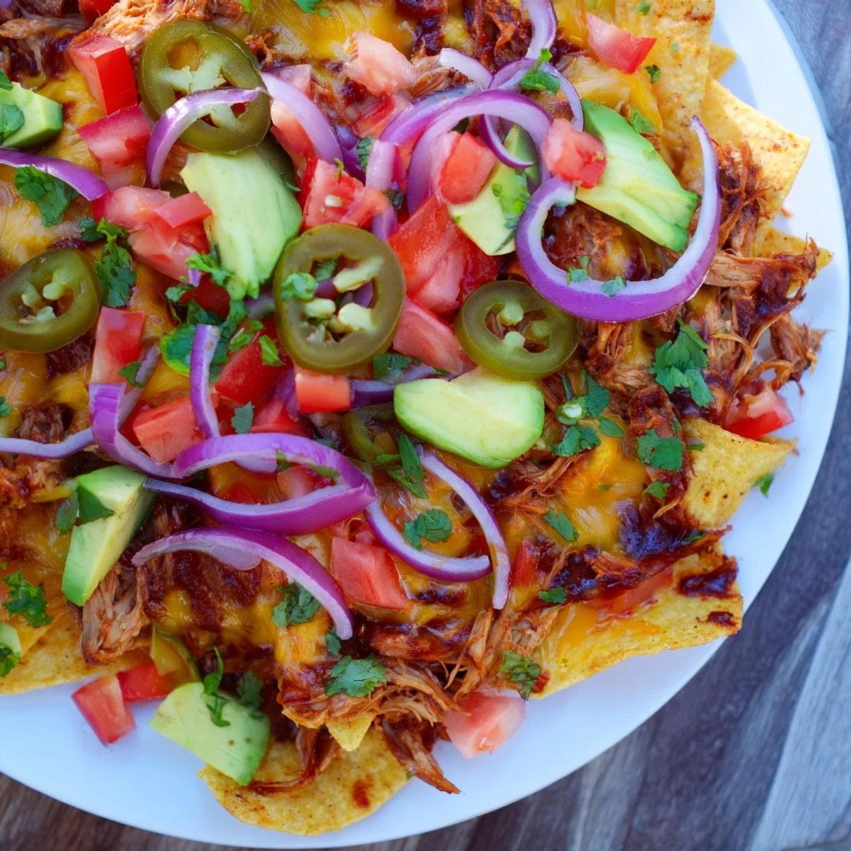 A close-up of baked pulled chicken nachos with jalapeños, served with sour cream and lime wedges on a vibrant plate.