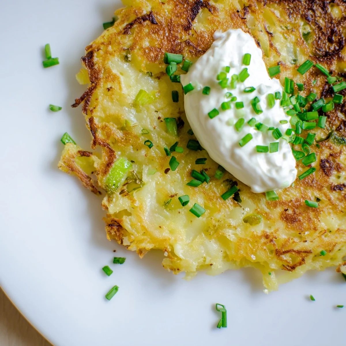 Golden-brown potato cakes with scallions sizzling in a skillet, served with a dollop of cool sour cream for a comforting American side dish.  