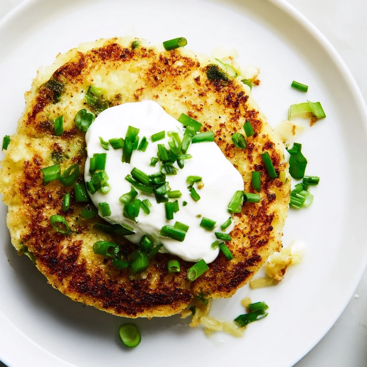 Homemade potato cakes with scallions and sour cream, showcasing a crispy exterior and tender interior, perfect for a vegetarian meal.