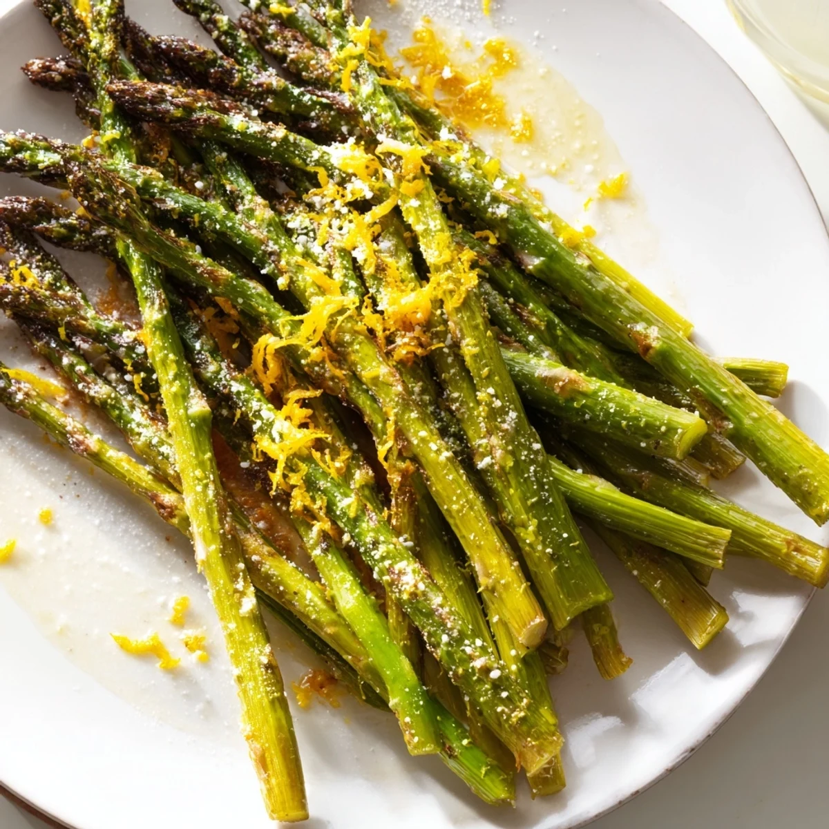 A close-up of roasted asparagus with parmesan and lemon, bright and savory, perfect alongside grilled chicken or fish.