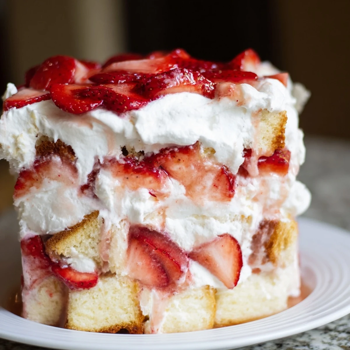 A layered Strawberry Shortcake Trifle with fluffy cake cubes, juicy macerated strawberries, and velvety whipped cream in a glass bowl.  