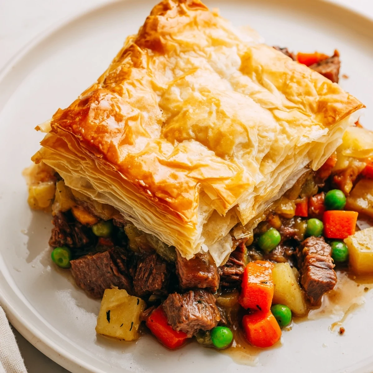 A golden, flaky puff pastry crust crowns the hearty beef pot pie, bubbling with tender beef and colorful vegetables.