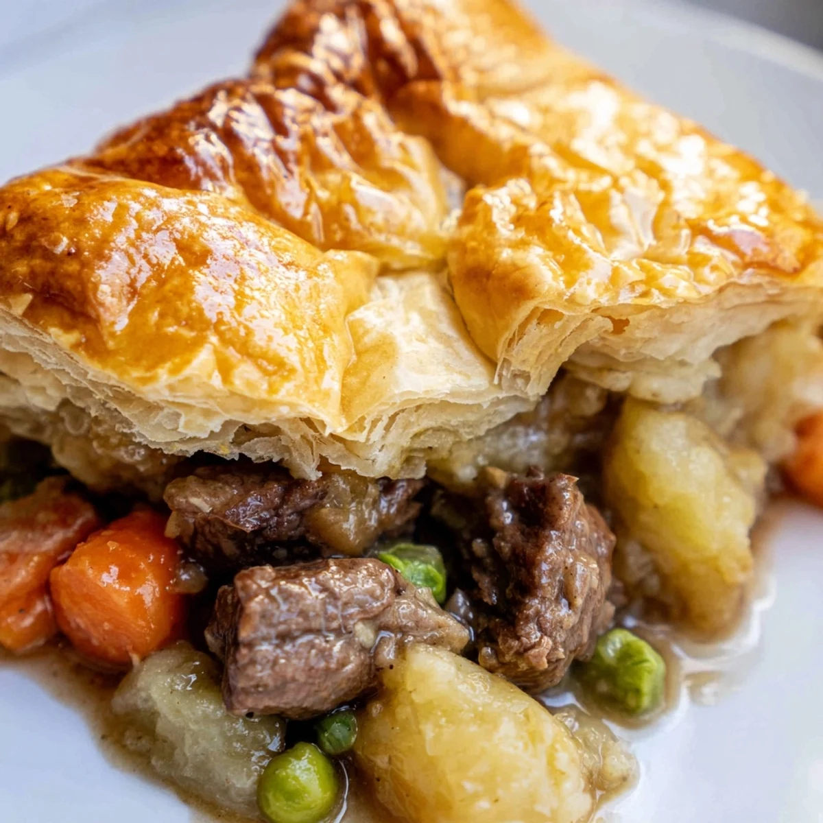 Comforting homemade beef pot pie with a rich gravy, served hot and ready for a cozy family dinner.