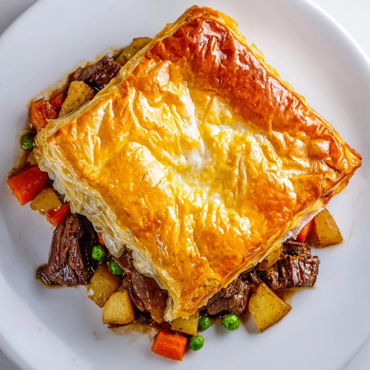 Savory beef pot pie filling with carrots, peas, and potatoes steams gently beneath the crisp, buttery puff pastry lid.