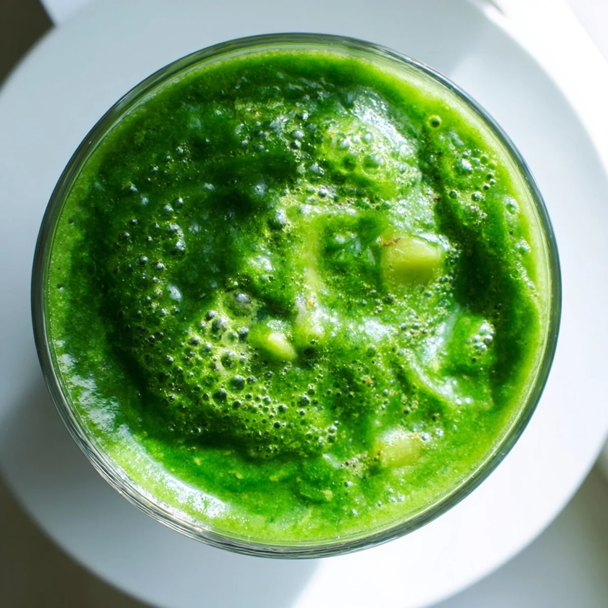 A vibrant Green Detox Smoothie with Ginger served in two tall glasses, garnished with a lime wedge and chia seeds.  