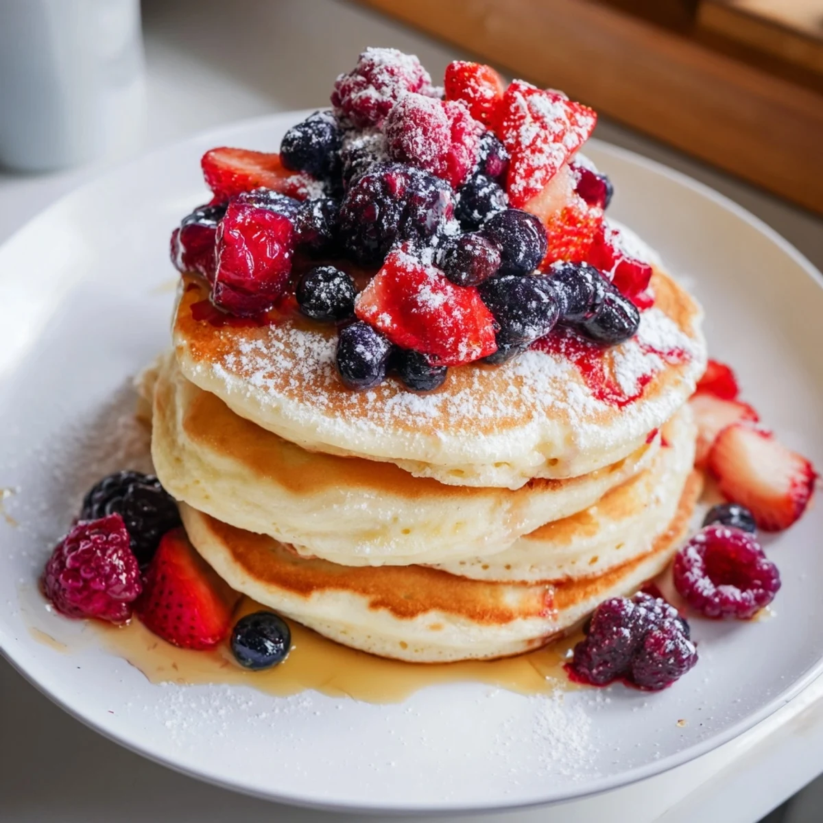 Golden, fluffy Lemon Ricotta Pancakes with Berries stacked high, glistening with maple syrup and a dusting of powdered sugar.