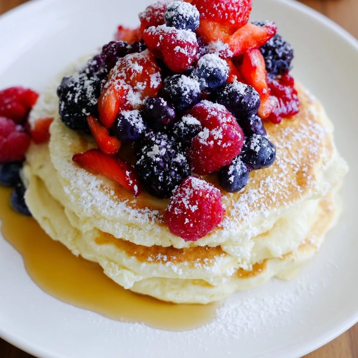 Light and airy Lemon Ricotta Pancakes with Berries served on a rustic plate, accompanied by a lemon wedge for extra zest.