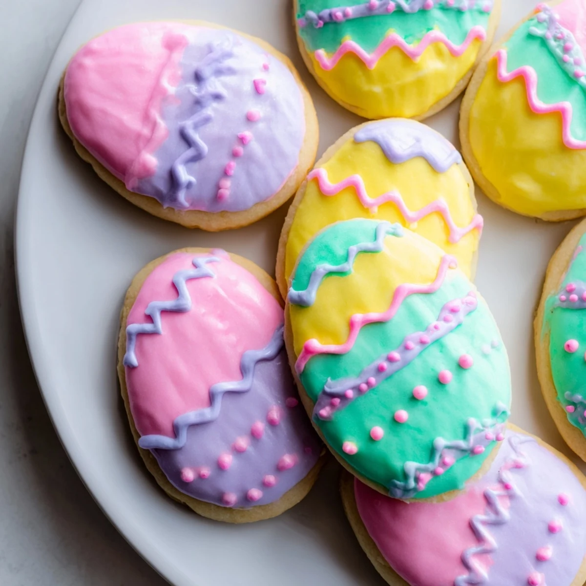 Freshly baked Easter Egg Sugar Cookies arranged on a cooling rack, showcasing vibrant pastel icing and a soft, buttery texture.  