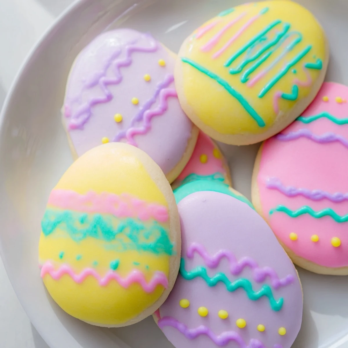 Golden-edged Easter Egg Sugar Cookies decorated in festive colors, served on a wooden board with a cup of tea.