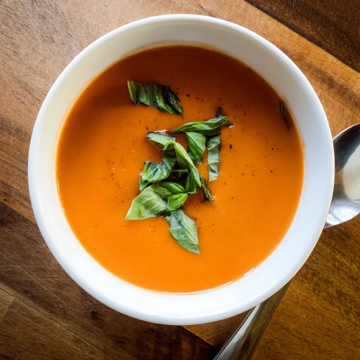 Creamy Tomato Basil Bisque steaming in a rustic bowl, garnished with fresh basil and a swirl of cream beside crusty bread.