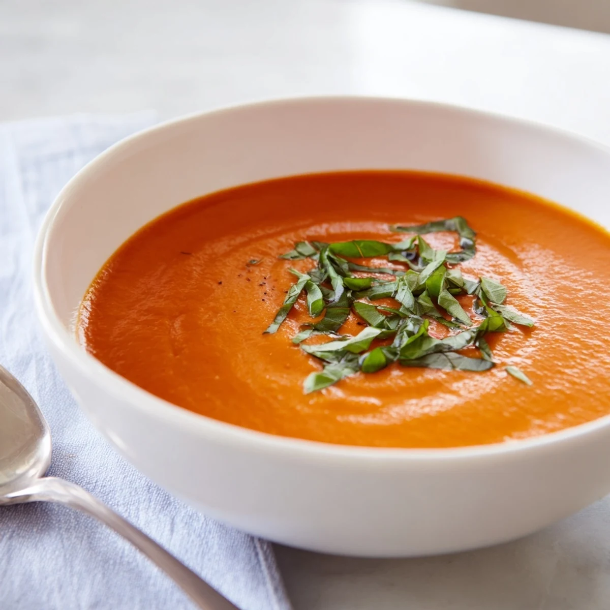 A ladle of velvety Creamy Tomato Basil Bisque pours smoothly over a grilled cheese sandwich on a checkered napkin.