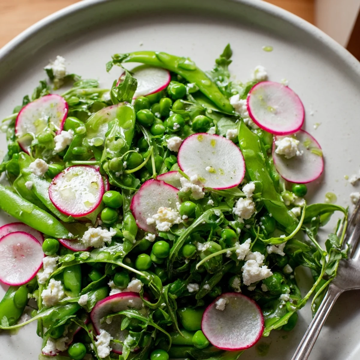Bright spring pea salad with crisp radish slices, creamy feta, and fresh mint leaves on a white plate.
