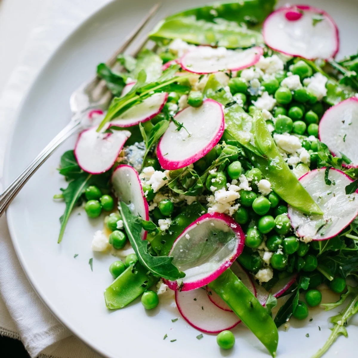 Spring pea salad with radishes and feta tossed in lemony dressing, served over arugula for a light lunch.