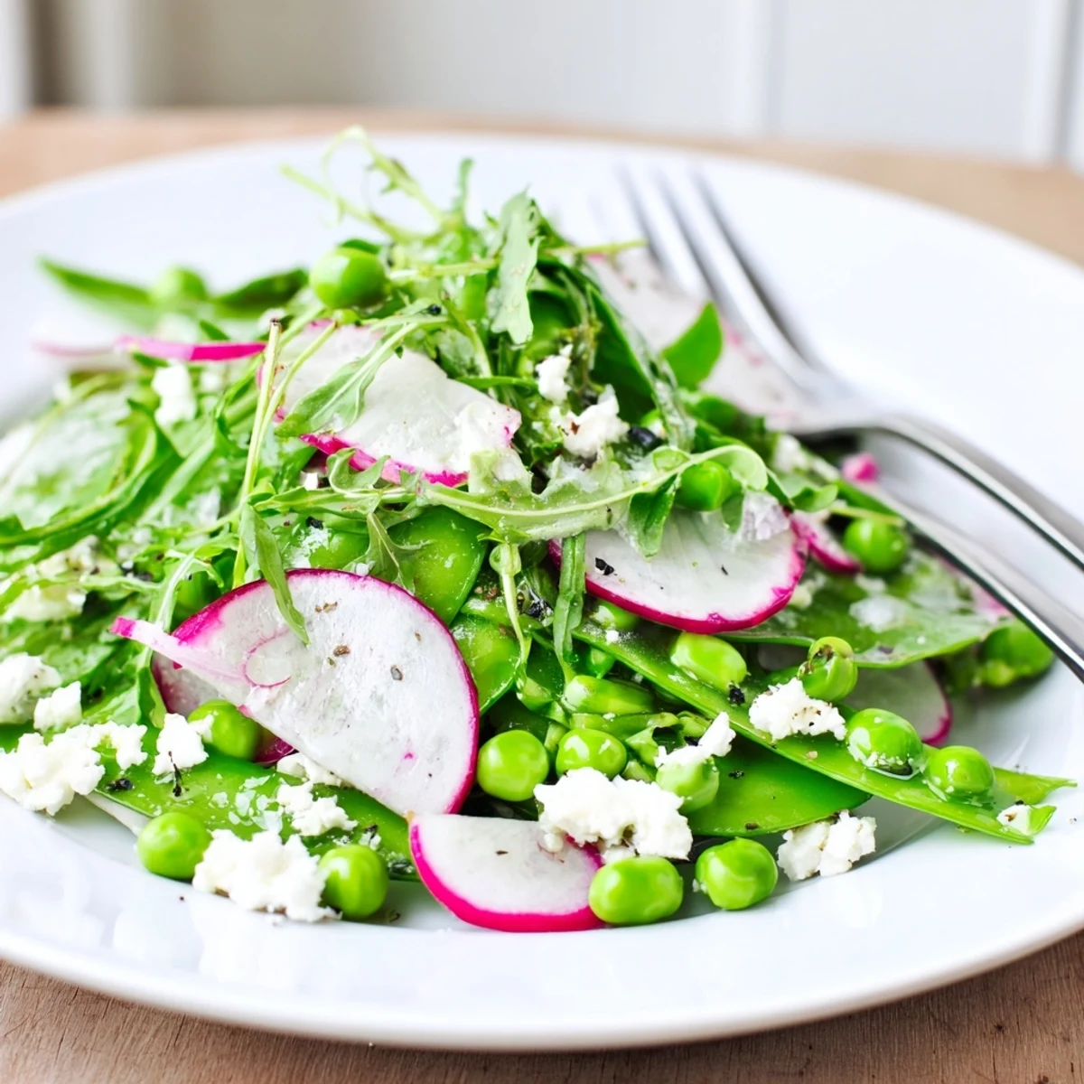 Vibrant spring pea salad featuring radishes, feta, and mint, garnished for a refreshing Mediterranean-inspired side dish.