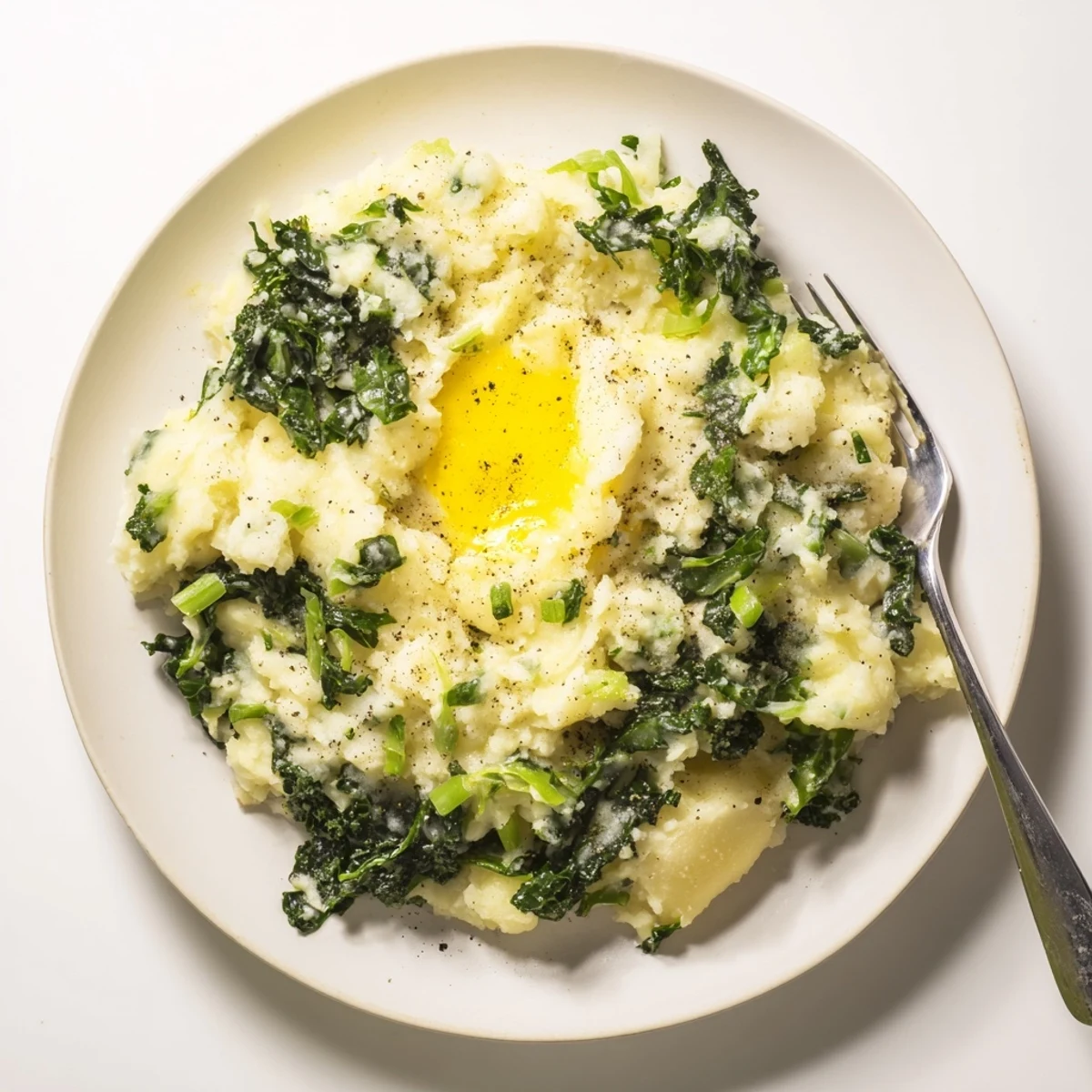 Hearty Irish Colcannon features fluffy mashed potatoes folded with sautéed kale and rich melted butter.
