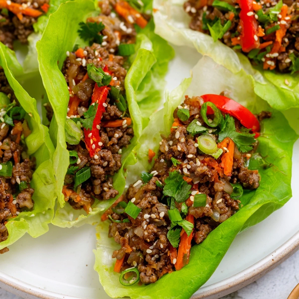 Freshly cooked beef and vegetables in a savory hoisin sauce nestled in crisp lettuce cups, ready to eat.