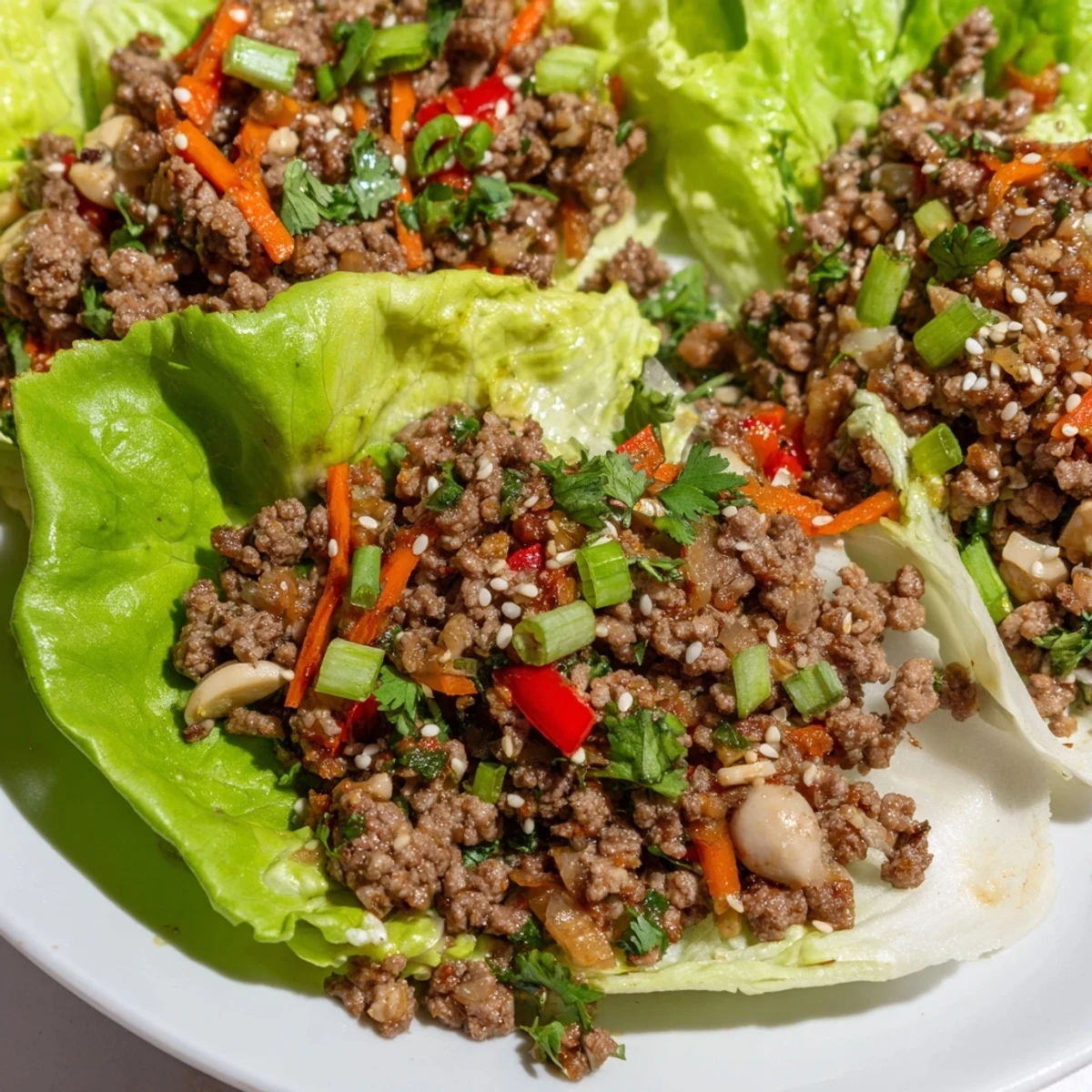 Juicy ground beef mixture filling butter lettuce leaves for Beef Lettuce Wraps with Hoisin Sauce, perfect for appetizers.