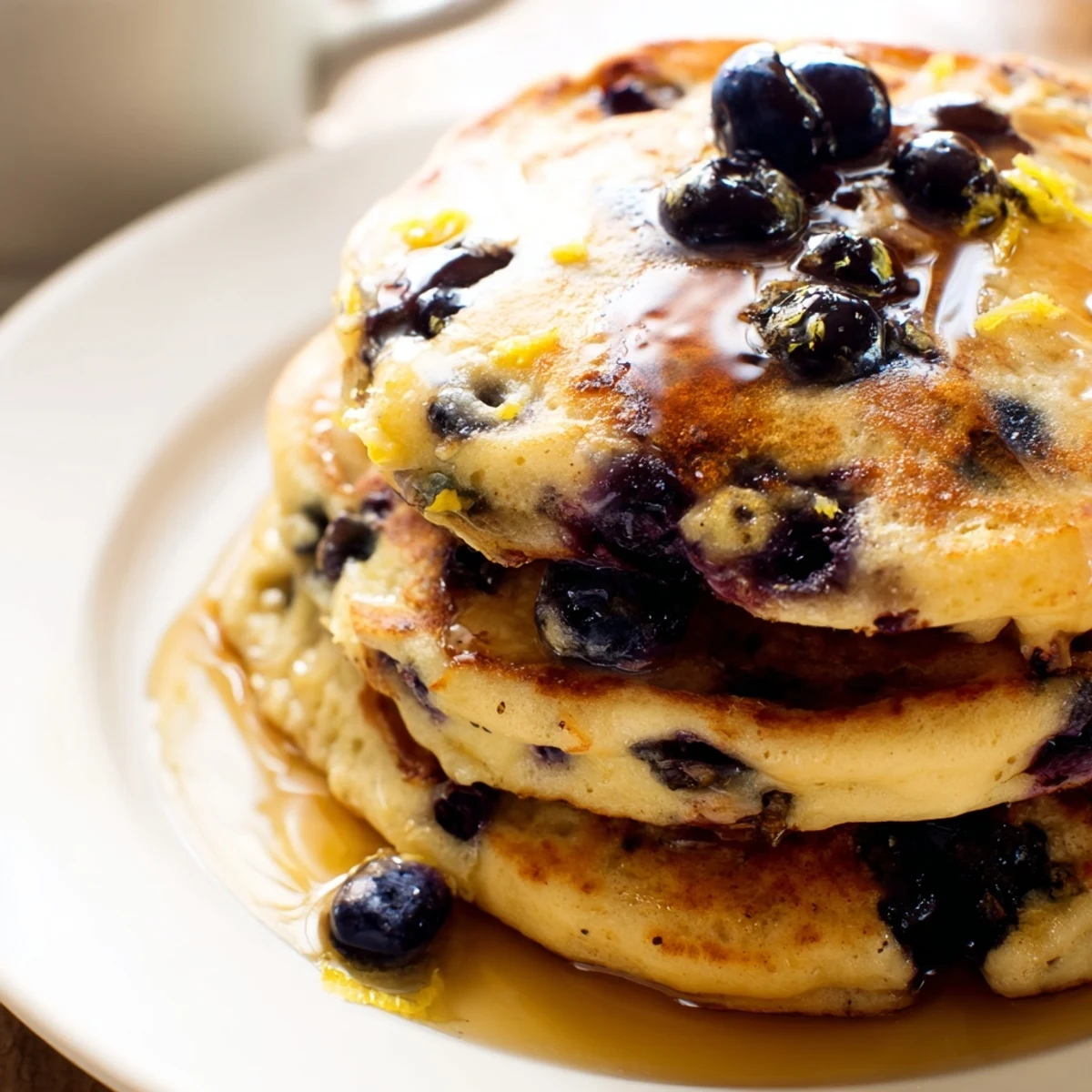A close-up of fluffy Lemon Blueberry Pancakes with syrup, showcasing golden edges and fresh berry bursts.