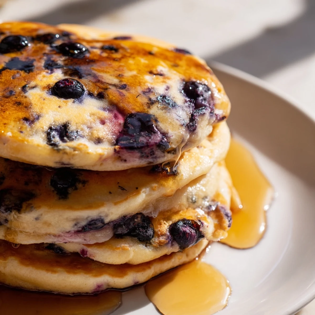 Golden-brown Lemon Blueberry Pancakes stacked high, drizzled with warm syrup and scattered with extra blueberries.