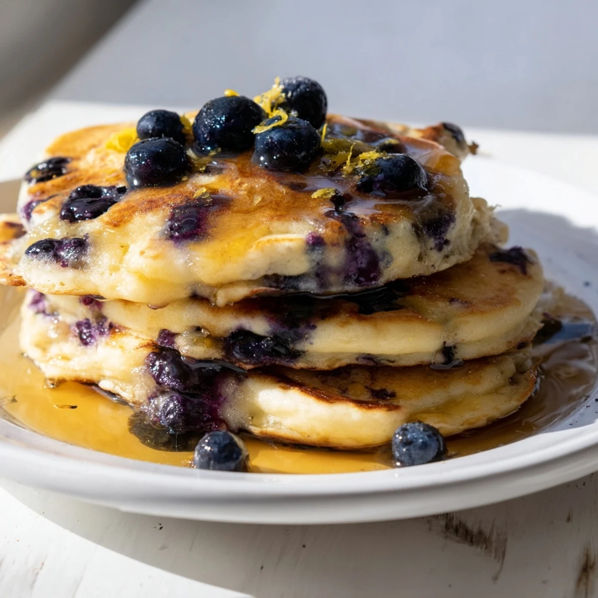 A plate of tender Lemon Blueberry Pancakes topped with a lemon zest swirl and a pitcher of syrup.