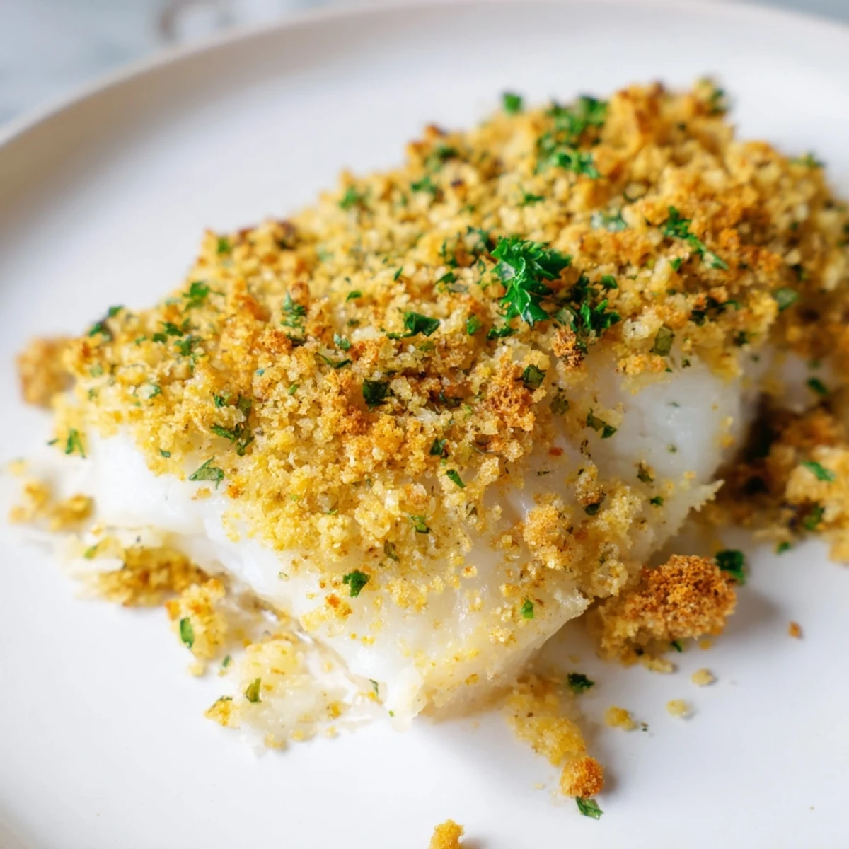 Golden Baked Cod with Cracker Crumb Topping rests in a white baking dish, garnished with fresh parsley and lemon wedges.