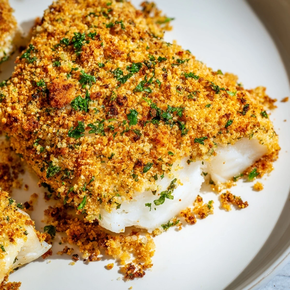 Easy Baked Cod with Cracker Crumb Topping is plated with a lemon wedge and a fork poised to flake the fish.
