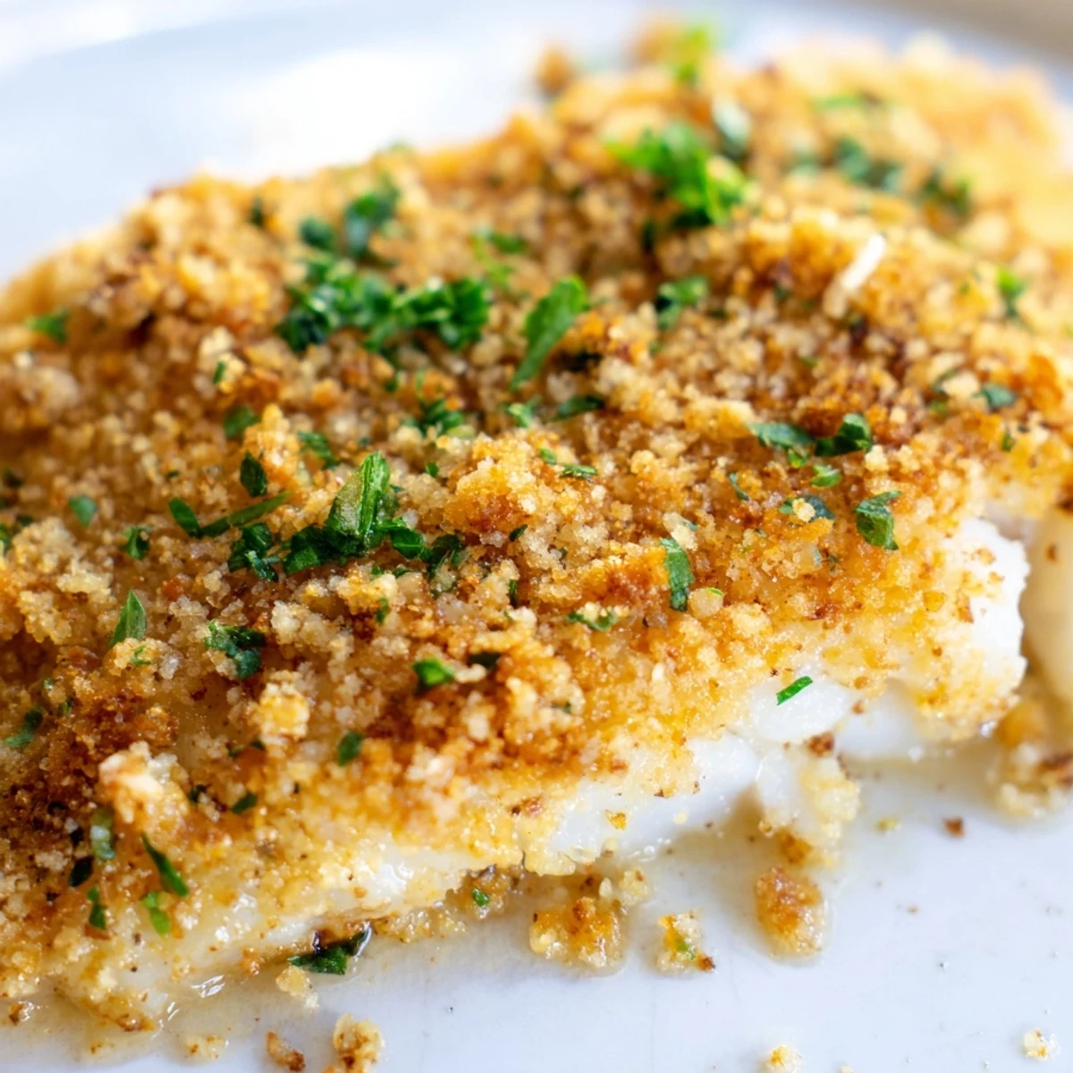 Warm Baked Cod with Cracker Crumb Topping shows flaky fish beneath a crispy, golden-brown crumb crust, ready to serve.