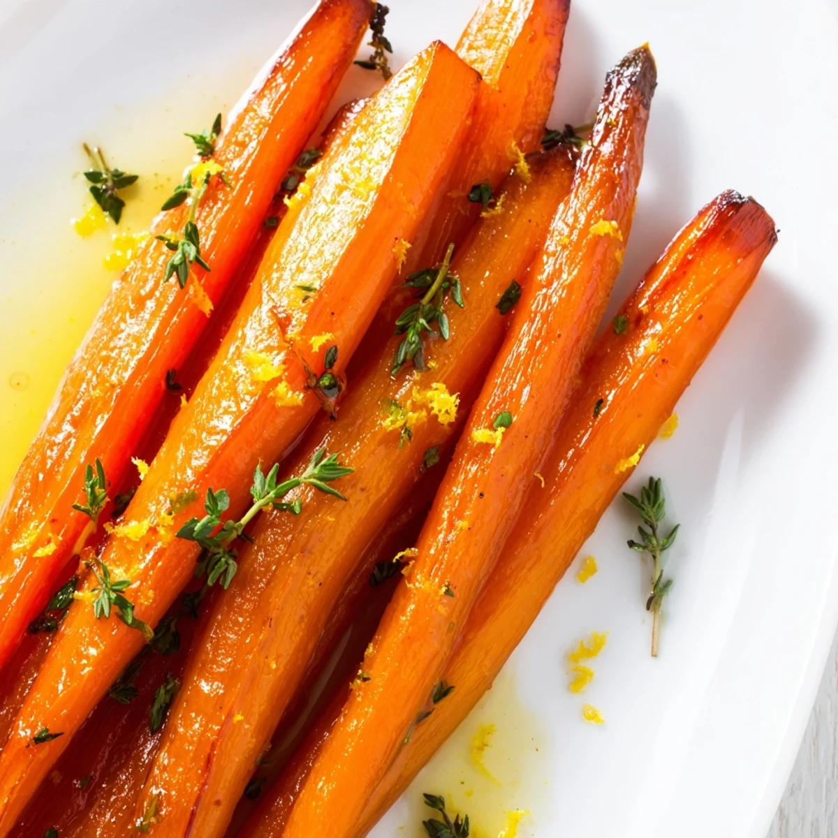 Sweet roasted carrots with honey and thyme glisten on a white plate, garnished with fresh parsley for a vibrant, gluten-free side dish.