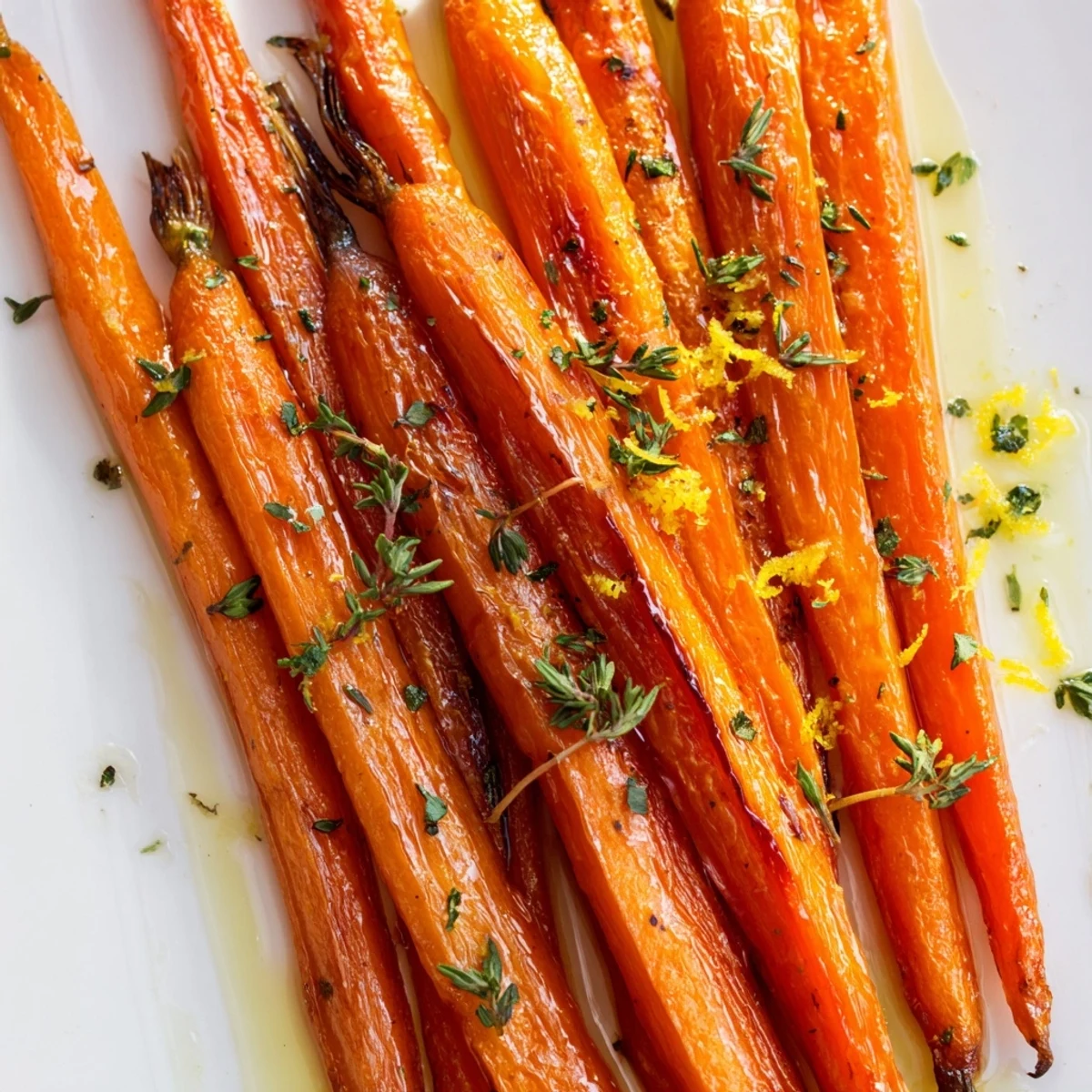 Roasted carrots with honey and thyme are caramelized and tender, served warm alongside roasted chicken for a delicious family dinner.