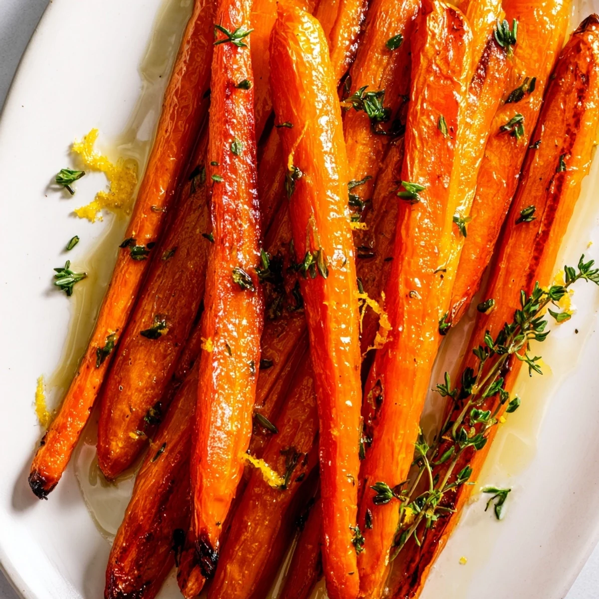 Golden Roasted Carrots with Honey and Thyme on a baking sheet, showing crispy edges and fresh thyme leaves in an easy recipe.