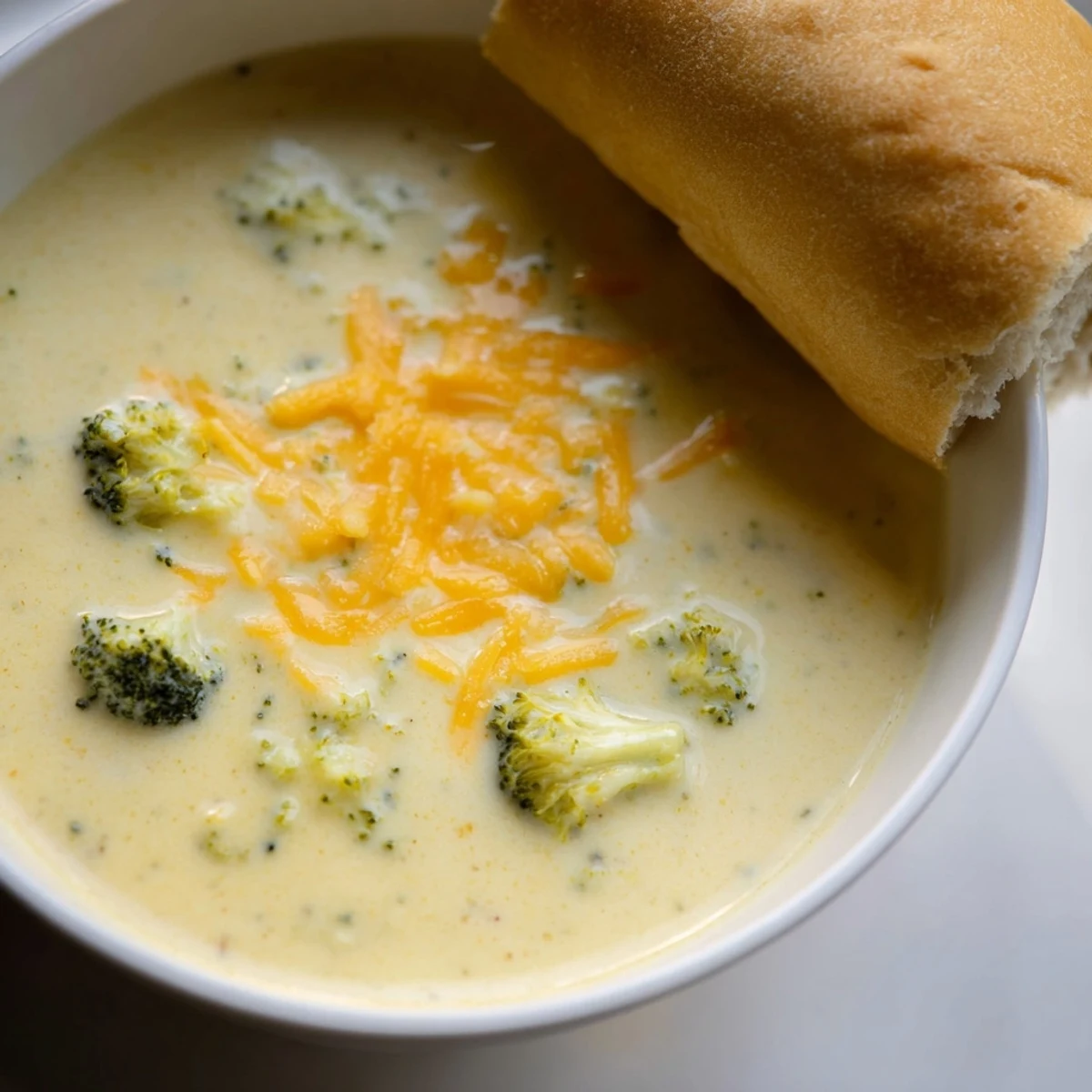 Steaming bowl of Creamy Broccoli Cheddar Soup with Bread next to a chunky sourdough slice, featuring vibrant green florets and melted sharp cheddar.