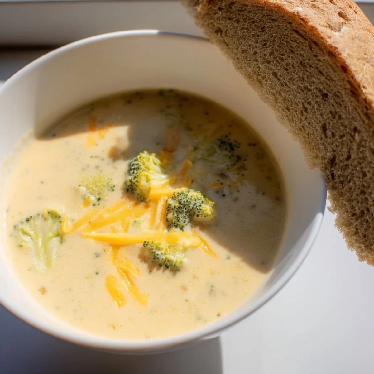 Close-up of Creamy Broccoli Cheddar Soup with Bread served in a rustic ceramic bowl, with velvety orange broth and a golden toasted crusty loaf.