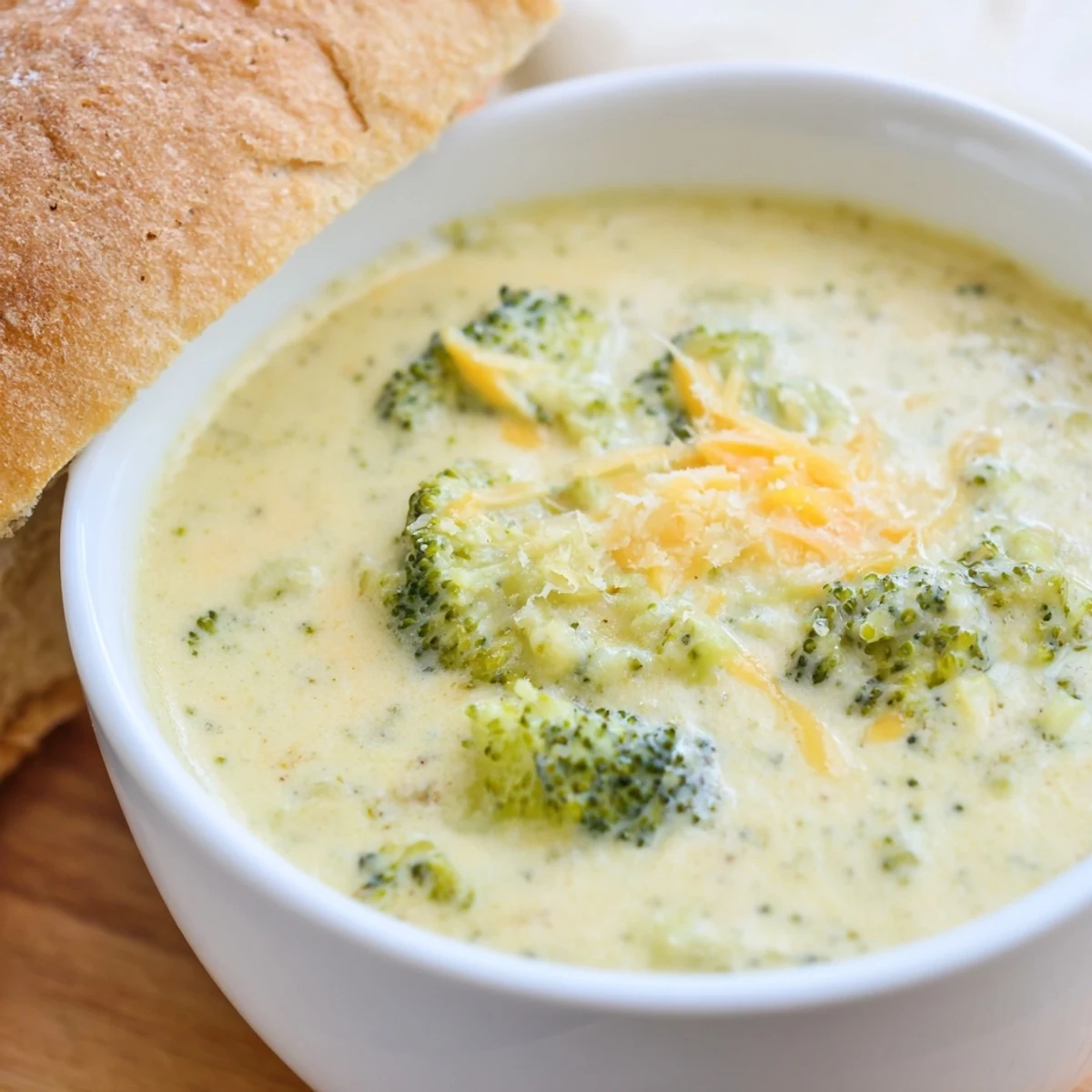 Comforting Creamy Broccoli Cheddar Soup with Bread in a white bowl, garnished with fresh thyme and paired with warm buttery bread for dipping.