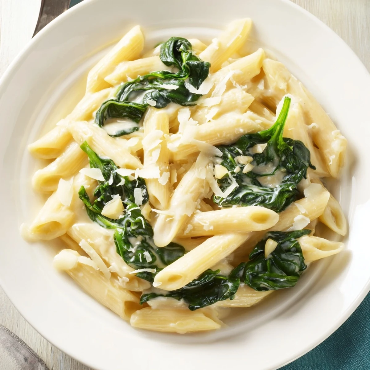 Creamy Spinach Pasta with Garlic features tender spinach leaves coated in a rich, velvety sauce on perfectly cooked pasta.