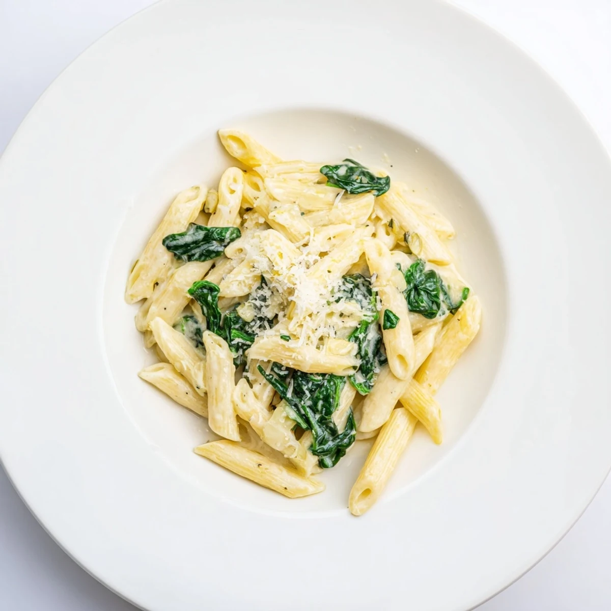 A close-up of Creamy Spinach Pasta with Garlic shows a creamy white sauce studded with vibrant green spinach and minced garlic.