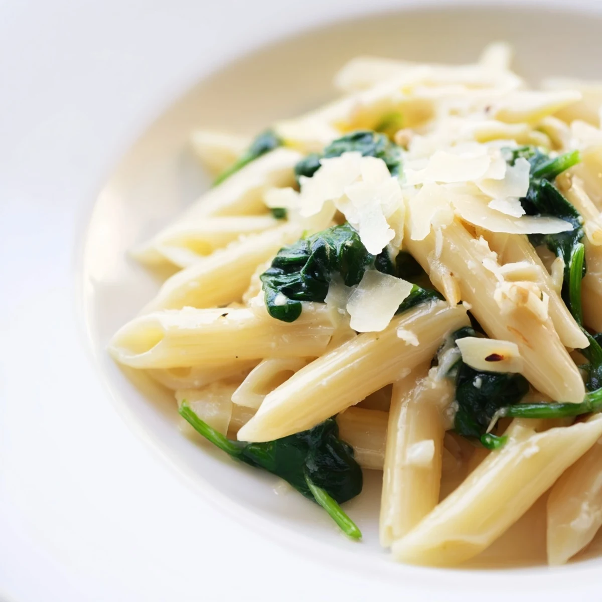 Plate of Creamy Spinach Pasta with Garlic served hot, garnished with fresh parsley and a side of crusty bread.