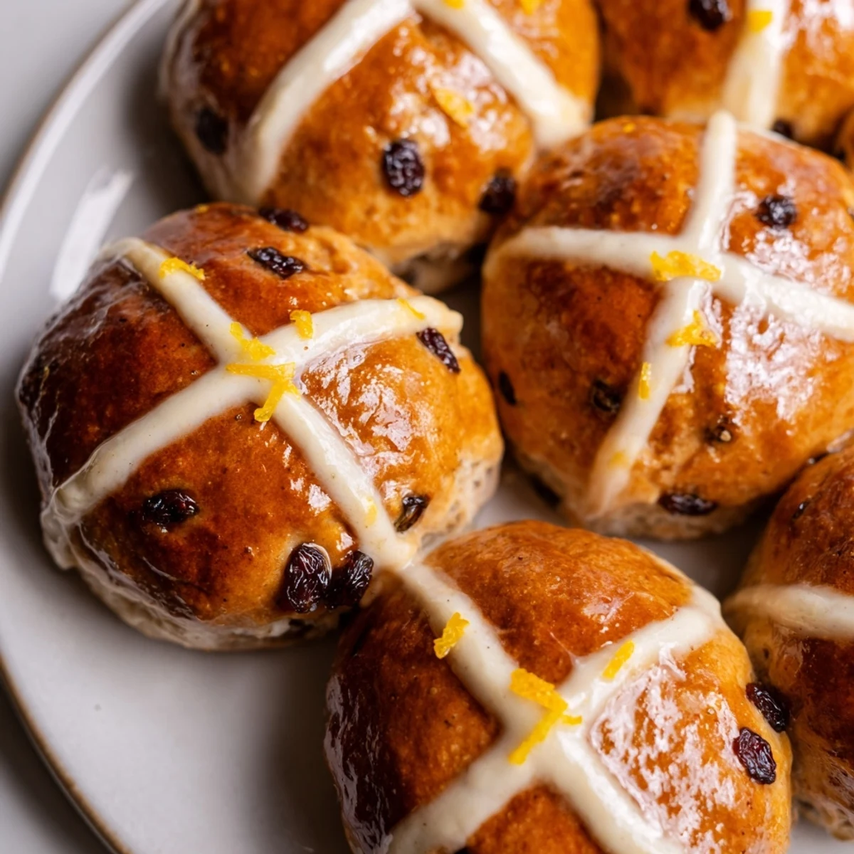 Golden brown Easter Hot Cross Buns fresh from the oven, glistening with apricot glaze and dusted with flour.