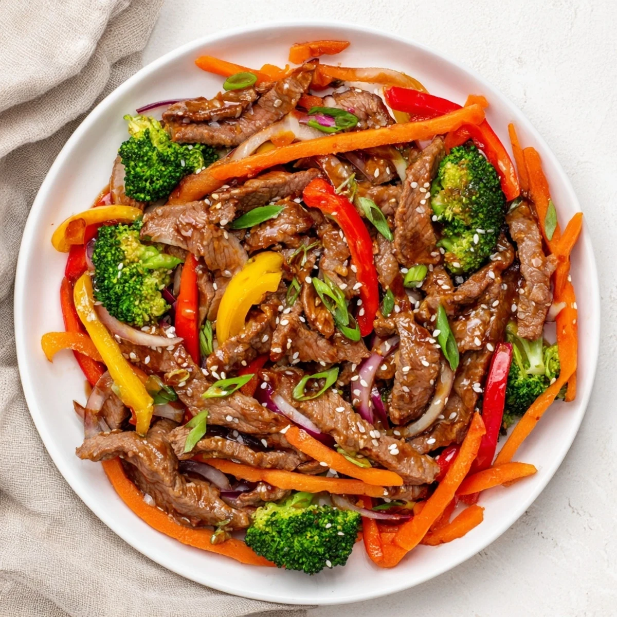 A close-up of Spicy Beef Stir Fry with Vegetables served over steamed white rice.