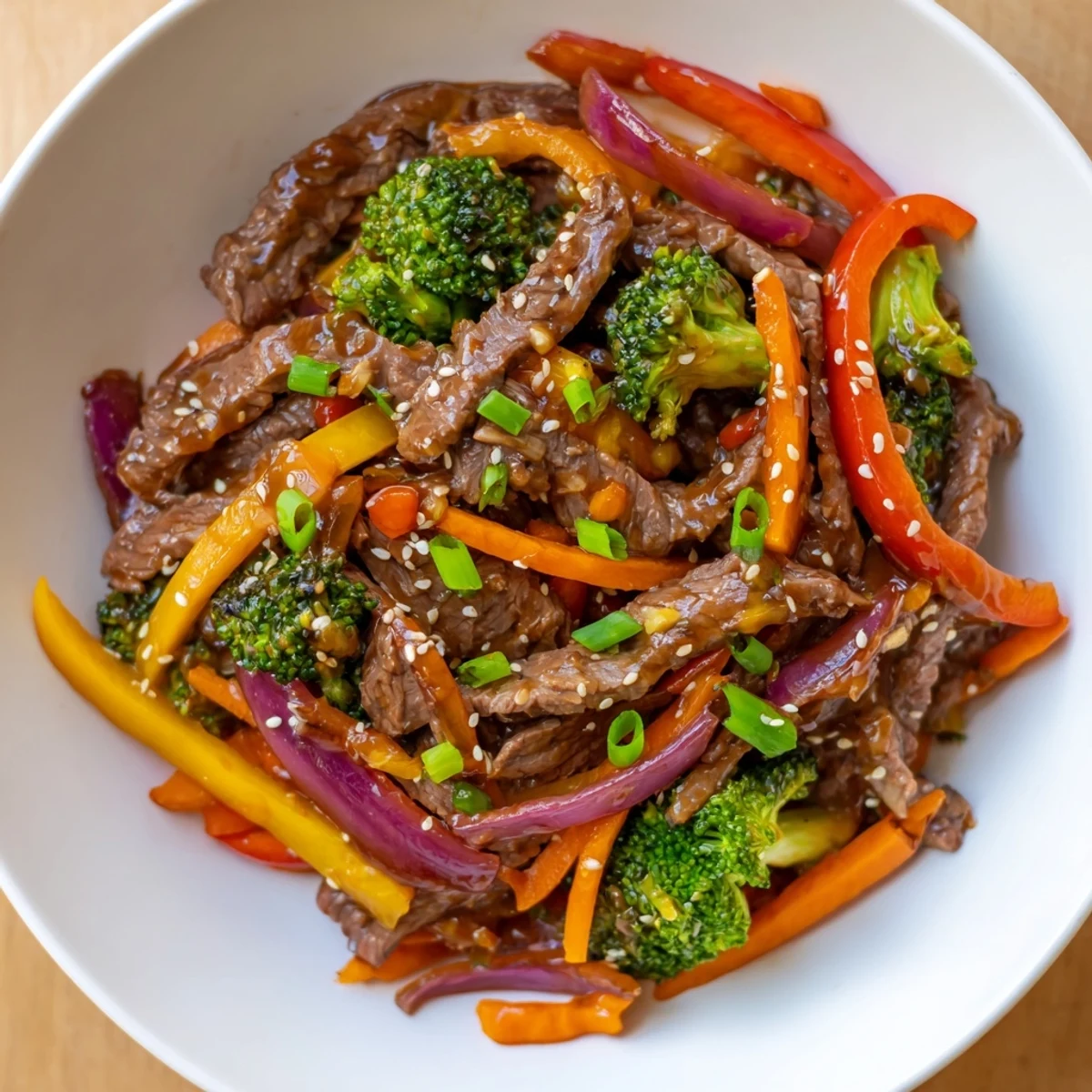The finished Spicy Beef Stir Fry with Vegetables in a hot wok, garnished with green onions and sesame seeds.