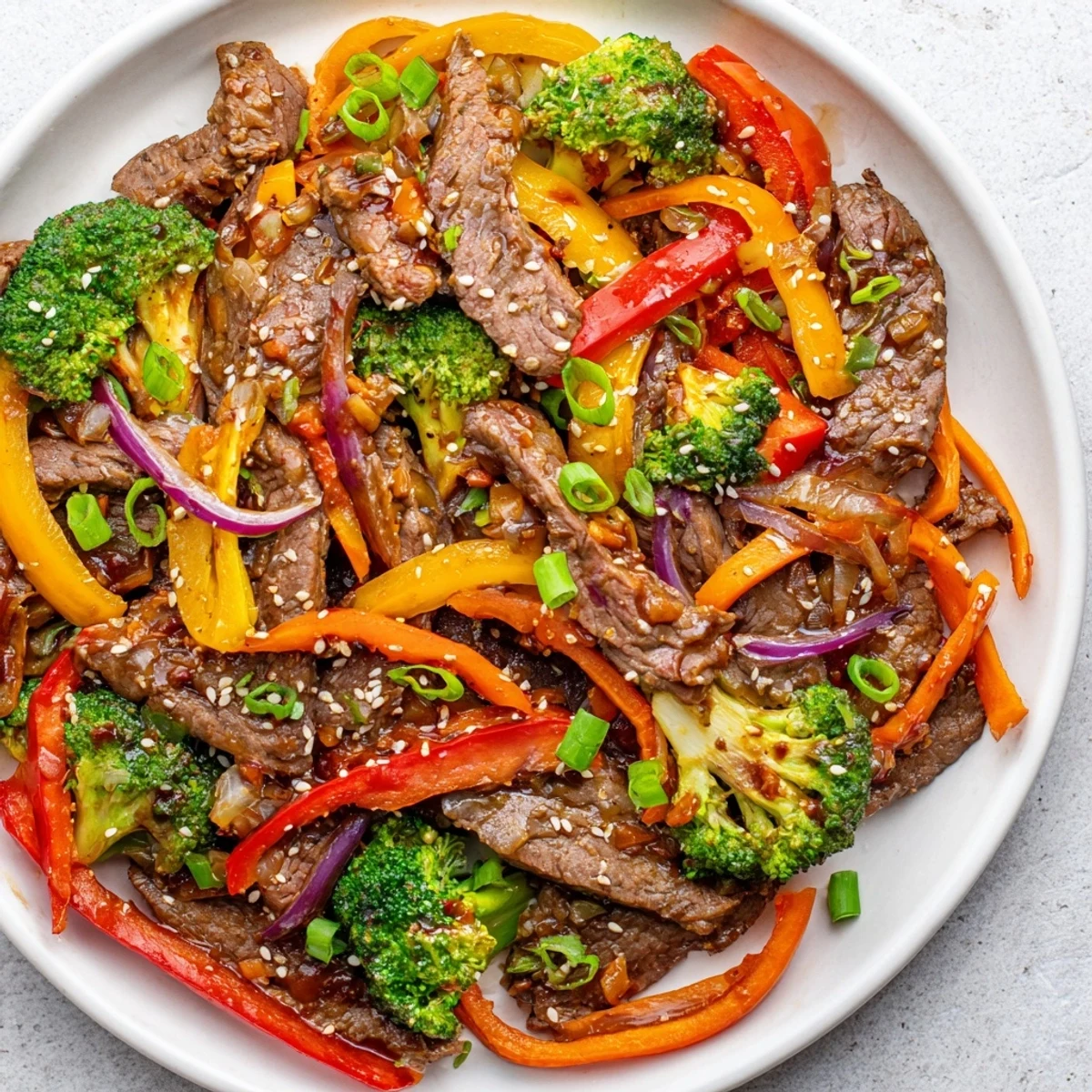 Spicy Beef Stir Fry with Vegetables plated with chopsticks, highlighting the red bell peppers and broccoli.
