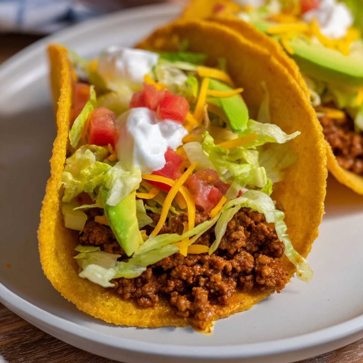 Crispy hard shell Beef Tacos filled with savory seasoned ground beef, shredded lettuce, and melted cheese for a classic Mexican-inspired meal.