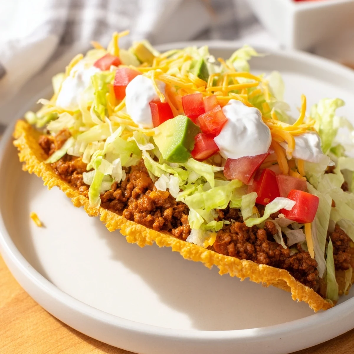 Freshly assembled Beef Tacos with hard shells showcase colorful diced tomatoes, creamy sour cream, and zesty lime wedges ready for serving.