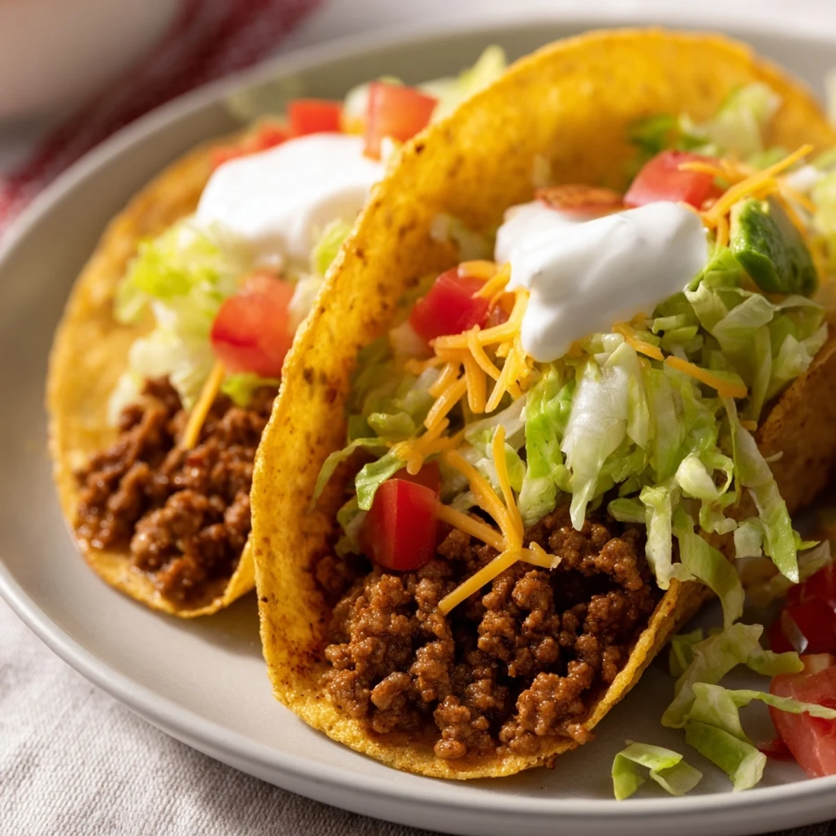 Sizzling seasoned ground beef and crunchy hard shell Beef Tacos topped with cilantro and avocado slices create an easy weeknight dinner.