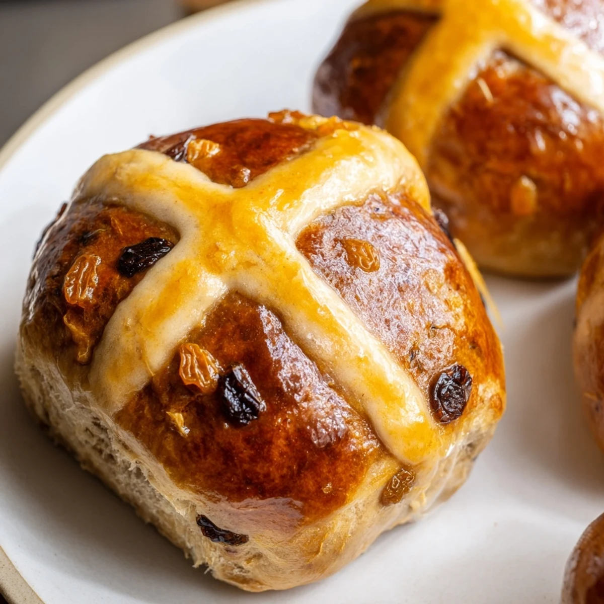 Golden brown Easter Hot Cross Buns fresh from the oven, filled with currants and citrus zest on a cooling rack.