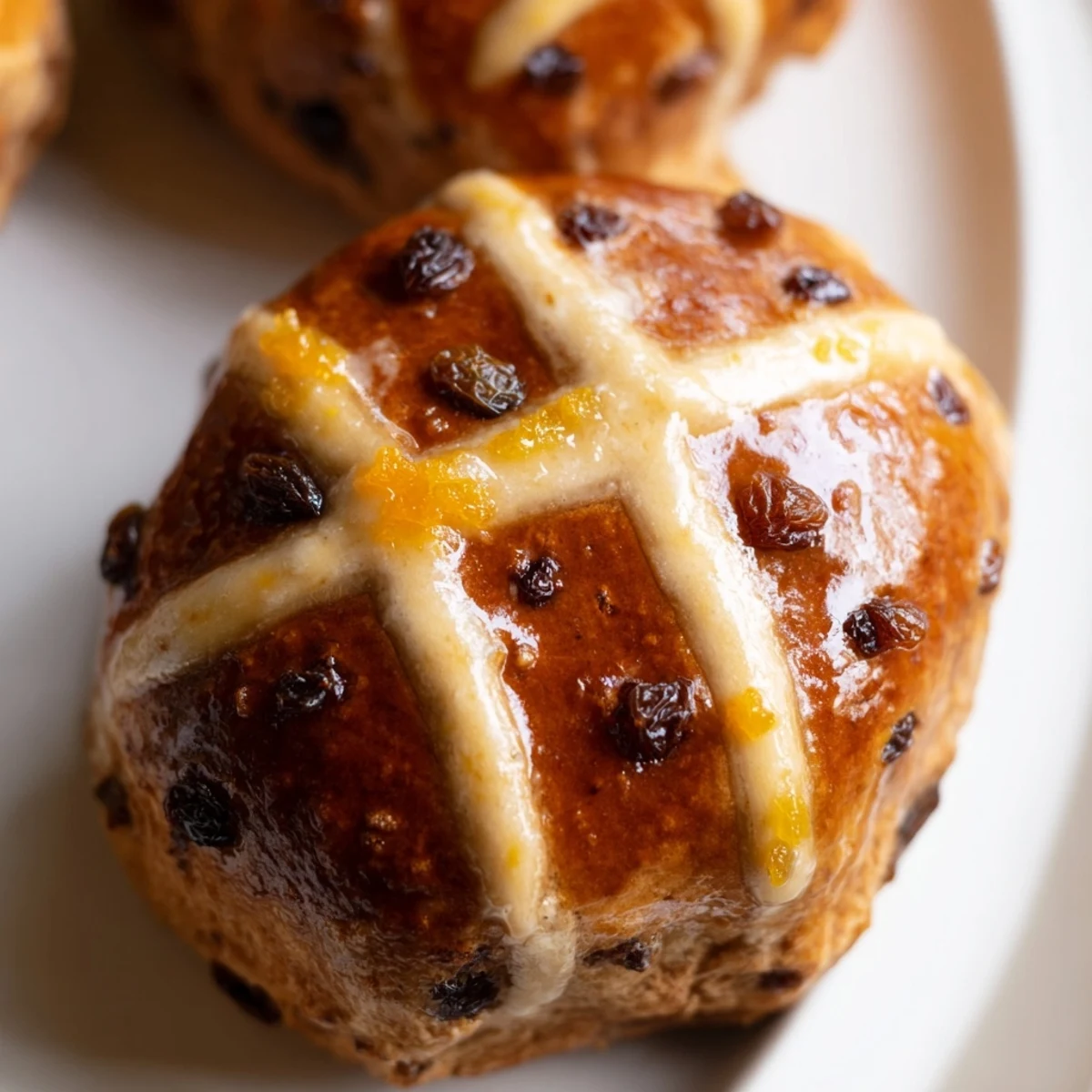 Fluffy Easter Hot Cross Buns piped with a classic cross, glazed with apricot jam for a sweet, sticky finish.