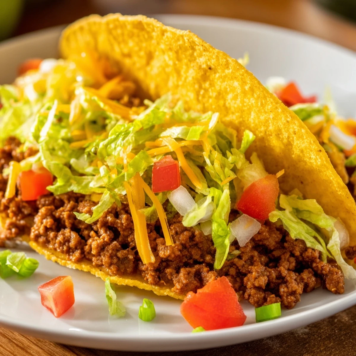A close-up of Beef Tacos filled with savory ground beef, diced tomatoes, and sour cream.