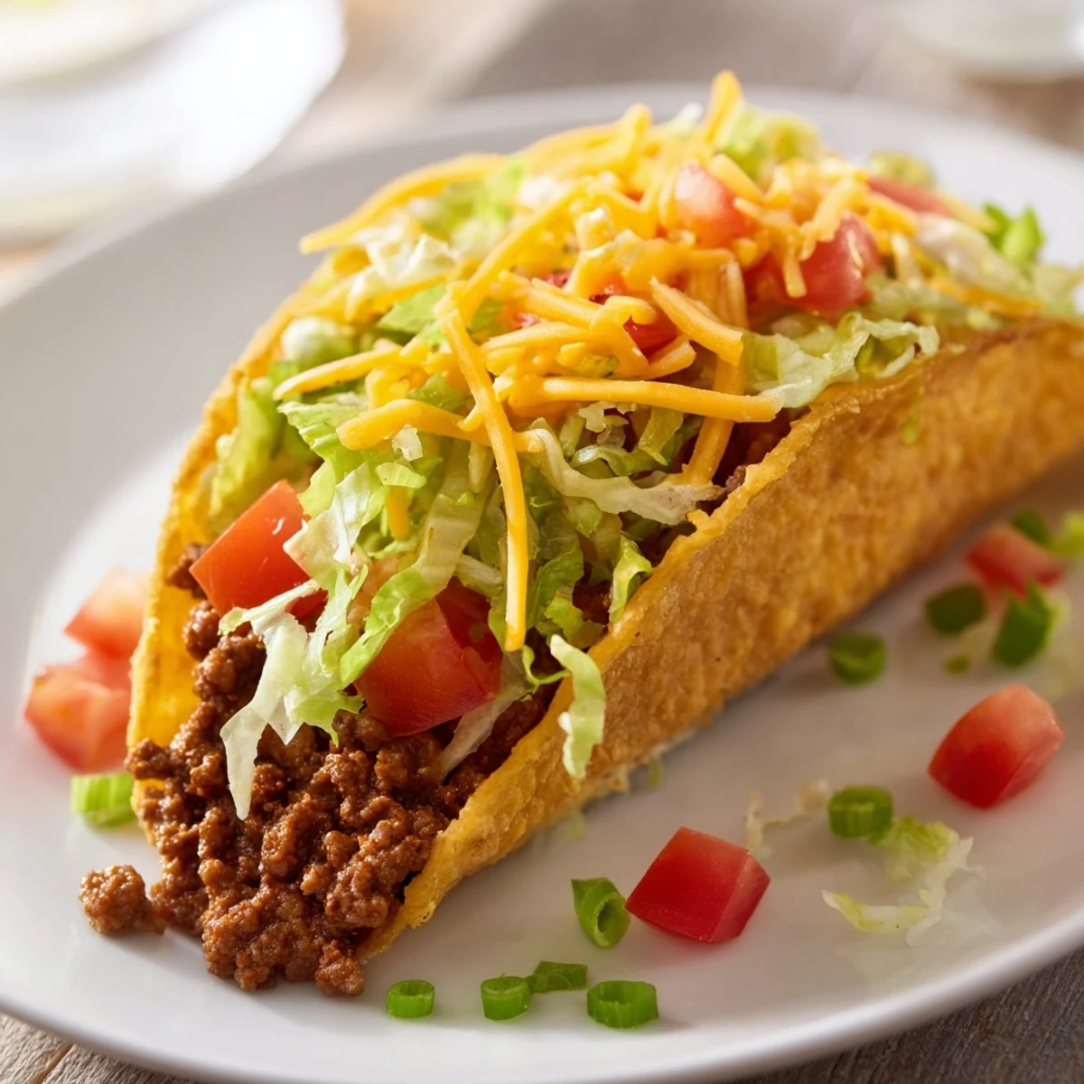 Overhead view of Beef Tacos topped with cheese, lettuce, and black olives on a table.