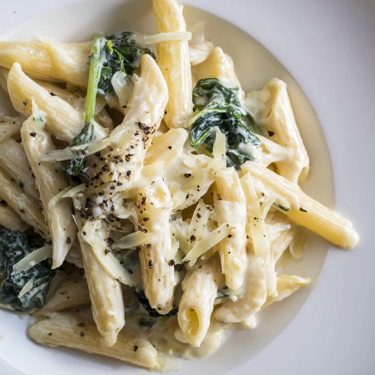 Creamy spinach pasta with garlic sauce tossed with penne and fresh parsley, served steaming in a white bowl.