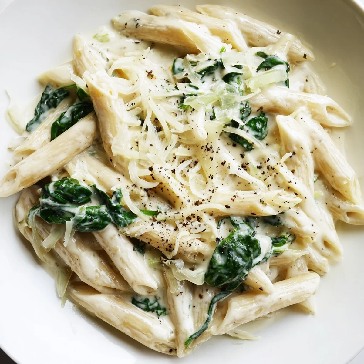 Creamy spinach pasta with garlic sauce shown with tender spinach leaves and melted Parmesan on a rustic table.