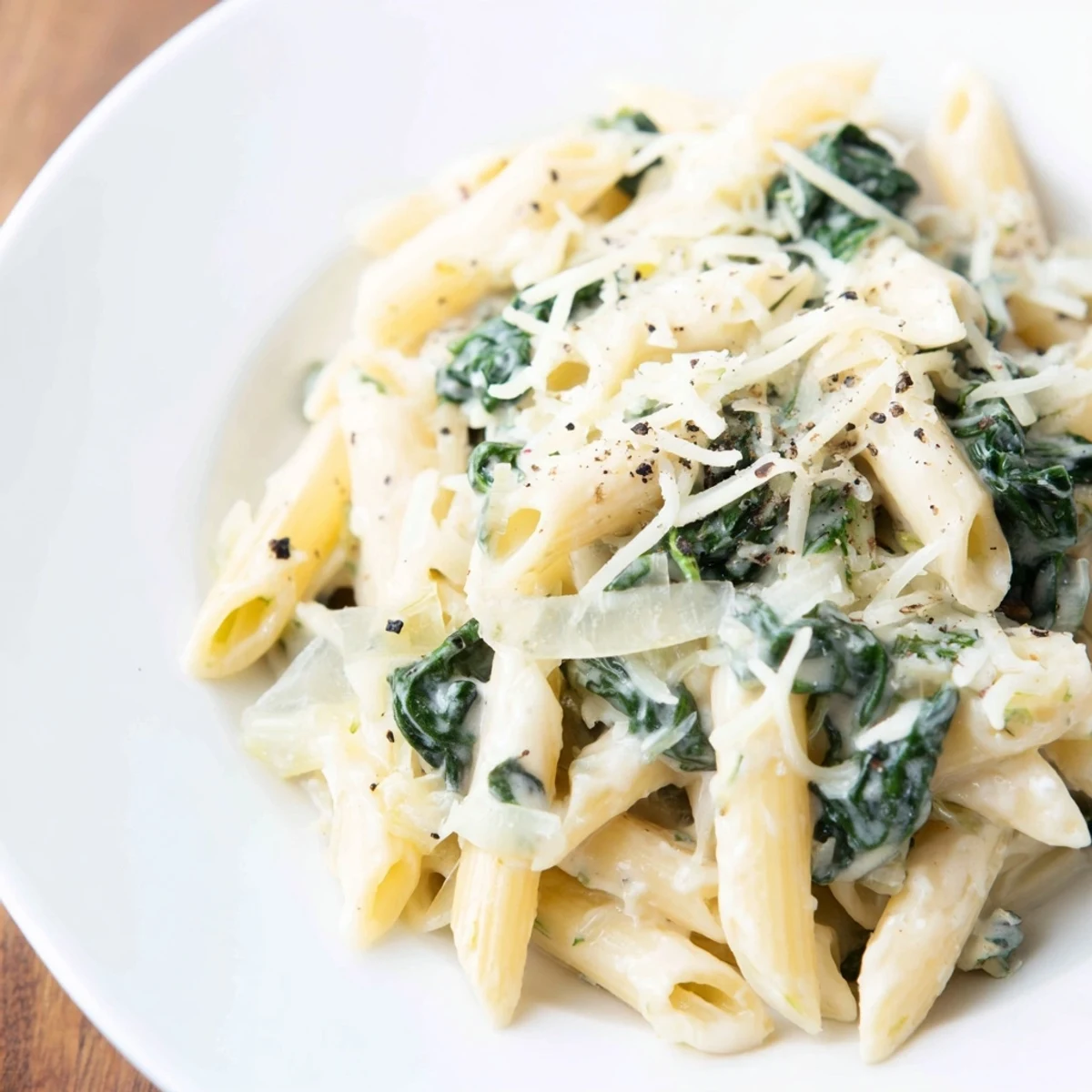 Creamy spinach pasta with garlic sauce plated beside a glass of crisp Pinot Grigio, ready to enjoy.